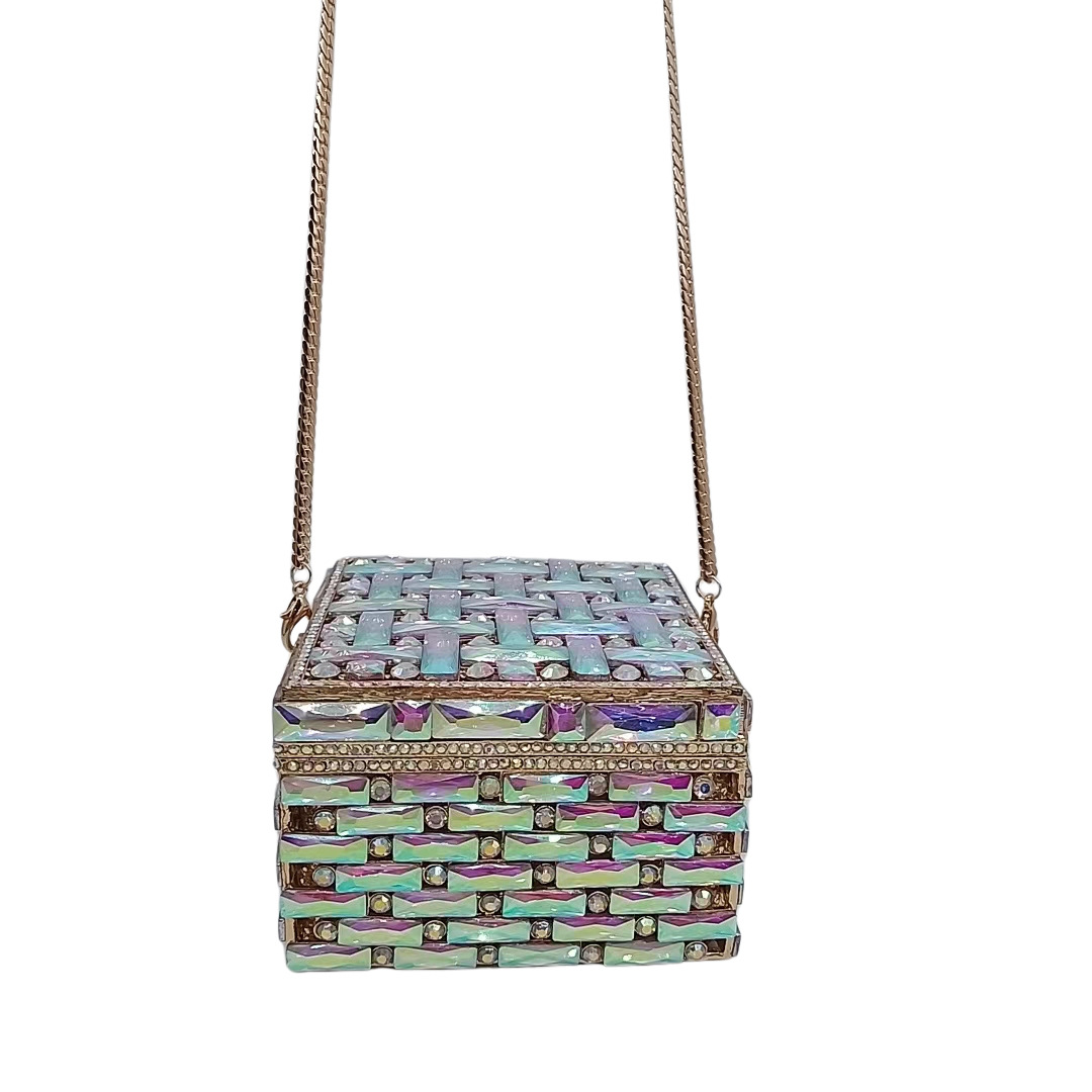 Túi clutch nữ đính kim cương dáng hộp vuông nhỏ dự tiệc — Nền vàng kim cương trắng, Vàng AB, Bạc AB, Màu bạc chi tiết 12
