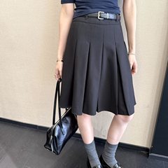 实拍美式复古学院风皮带西装半身裙女2025新款夏休闲小个子百褶裙