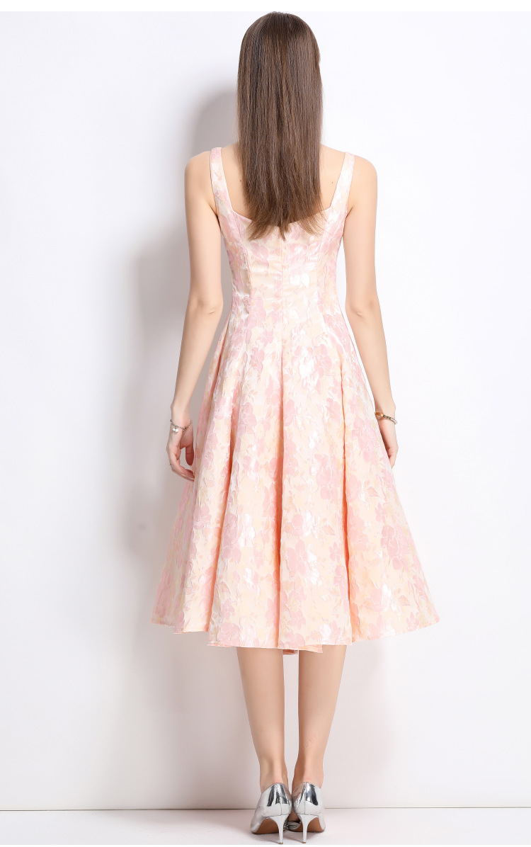 Váy liền không tay jacquard hồng dạ hội nhẹ kiểu Pháp hai dây cao cấp — Màu hoa chi tiết 9