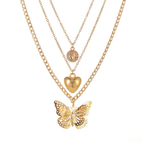 Hot-selling Geometric Layered Necklace for Women: Vintage European & American Style, Featuring Butterfly and Heart Pendant Designs, Multi-Strand Clavicle Chain, Perfect as a Sweater Necklace