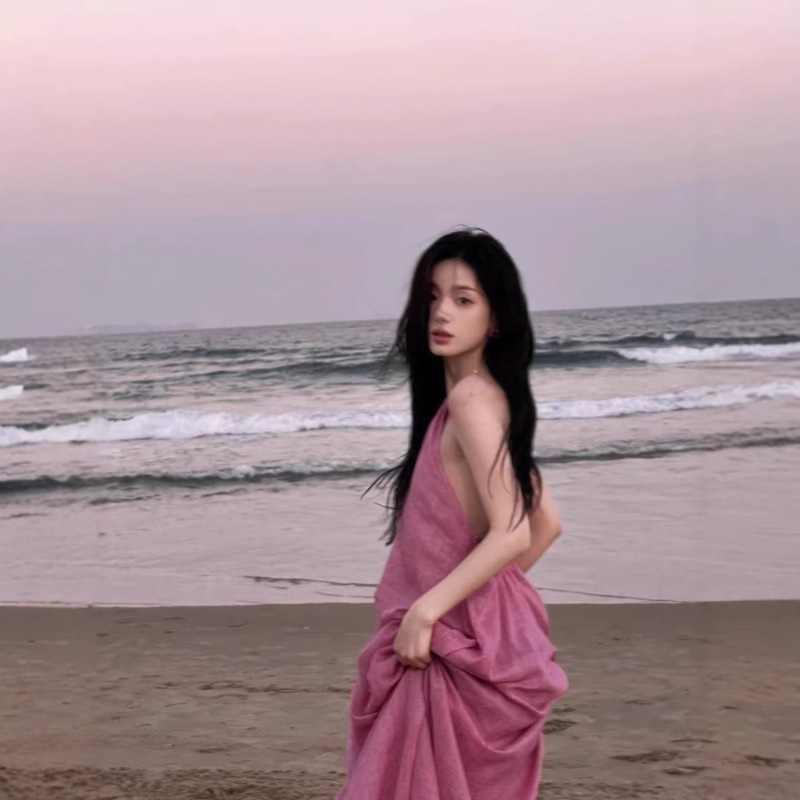 French Style Sanya Seaside Holiday Backless Beach Dress Yunnan Thailand Travel Photo Super Fairy Neck Hanging Strap dress