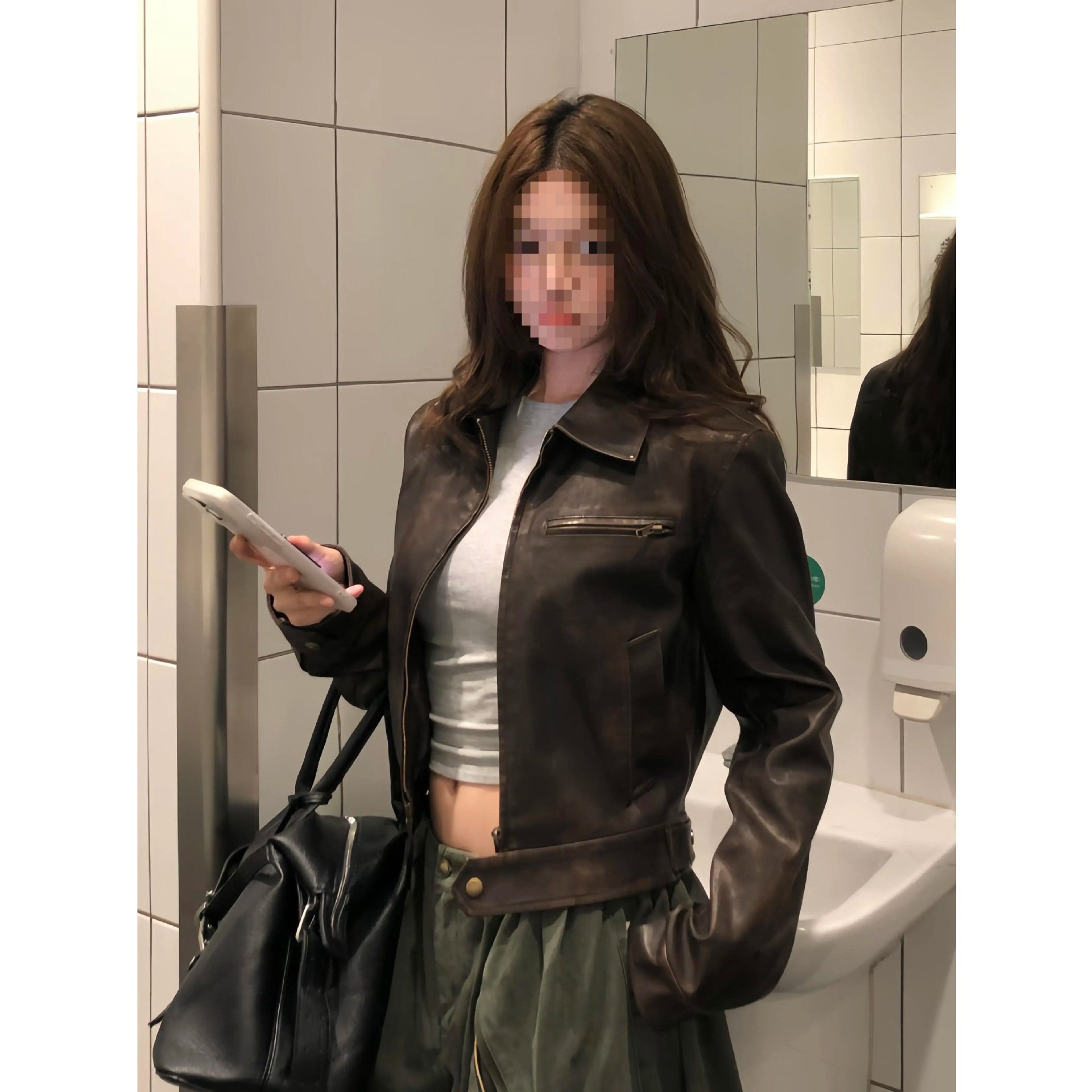 Cross-Border American Retro Coffee Color Lapel Short Leather Jacket for Women Autum Slim Pu Leather Cool Motorcycle Jacket