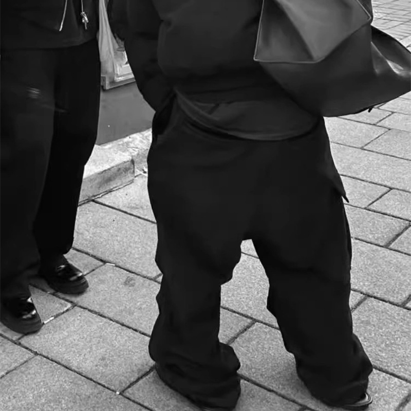 FAR OVERSIZED CARGO perfilado bolsillo grande pantalon suelto rodilla pliegue recto pantalones casuales negros