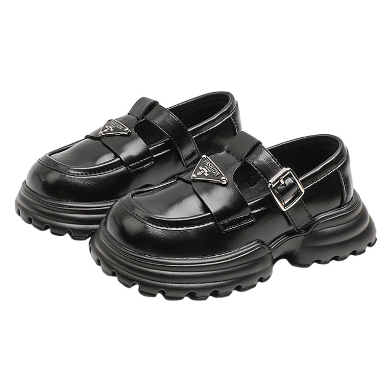 Осень 2023 новая детская обувь, детская Маленькая кожаная обувь с металлическим треугольником на заказ, однотонная Студенческая обувь для мальчиков и девочек