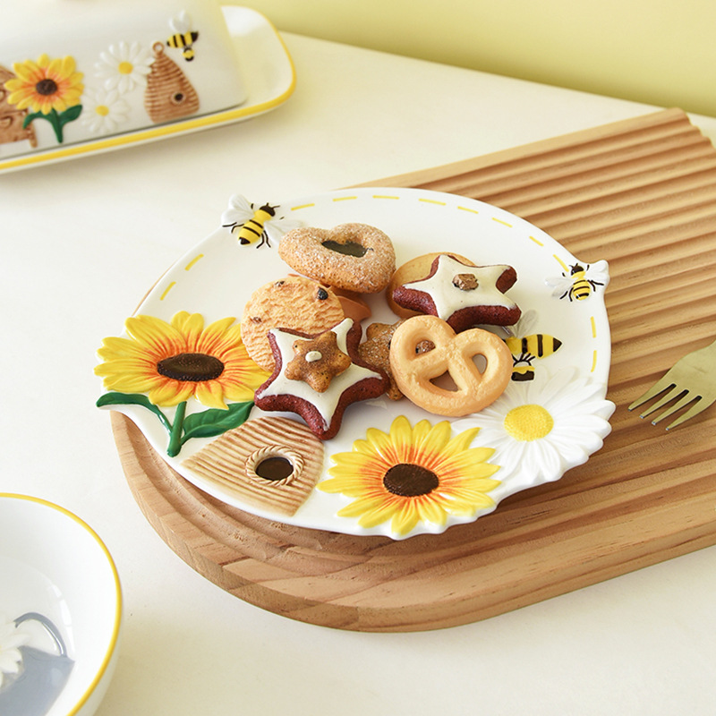 Primavera abejas girasol genio cerámica en relieve disco lindo platos platos