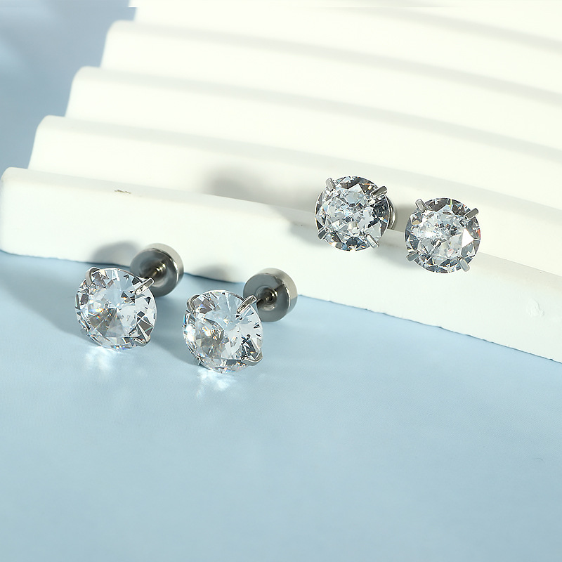 Cross-Border Stainless Steel Round Multi-Size Zircon Earrings - Four-Claw Zirconium Bone Nails Ear Studs Wholesale 5 Pairs detail image 7