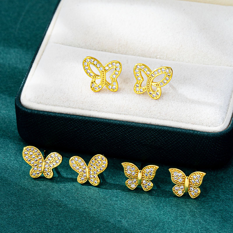 跨境简约灵动蝴蝶耳钉女越南沙金镶钻耳饰女潮流久不掉色饰品批发