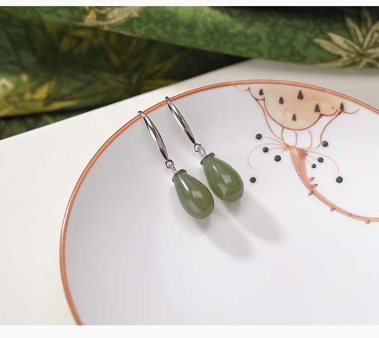 Khuyên tai nữ bạc S925 mạ vàng đính đá sodalite hình giọt nước phong cách cổ điển — Mẫu bạc chi tiết 5