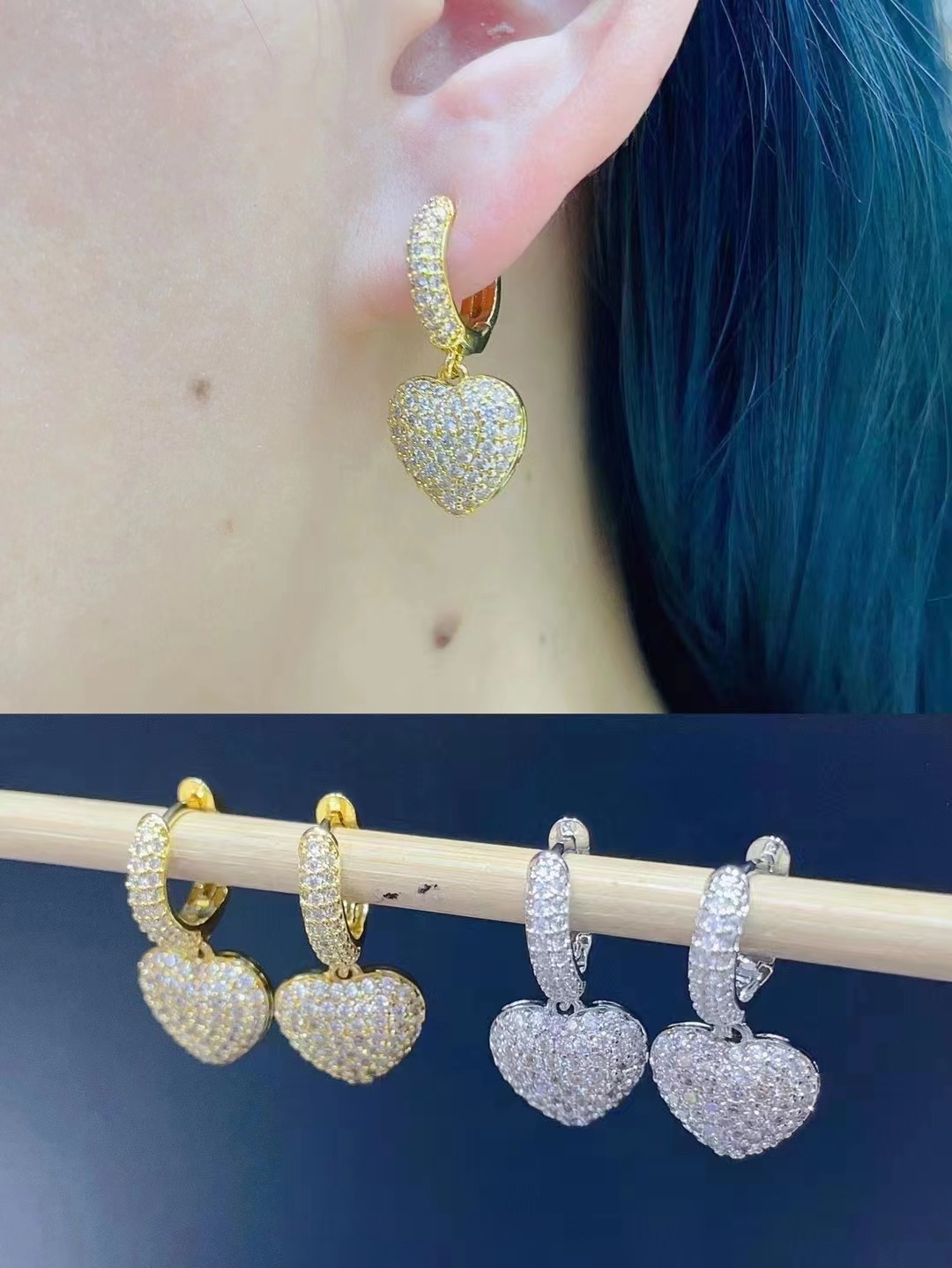 Daily Occasion Copper Material Heart Shape Pattern Fashion Heart Shape Copper Plating Inlay Zircon Drop Earrings 1 Pair