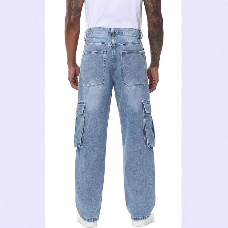 Jeans Rectos con Múltiples Bolsillos para Hombre, Mezcla de Algodón, Elásticos, Corte Holgado, para Uso Diario