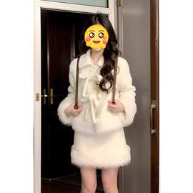 2025冬季新款奶系小香风毛呢套装女高级感蝴蝶结毛毛外套高腰短裙