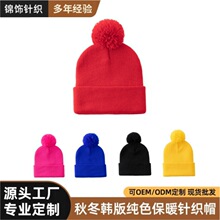 跨境时尚保暖毛线帽户外防寒加厚毛球针织帽纯色秋冬欧美女士帽子