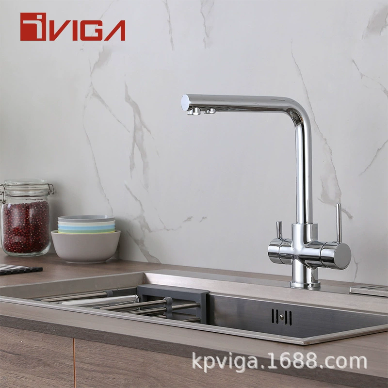 Оптовый смеситель для чистой воды VIGA Factory, гальванизированный двухрычажный смеситель для кухни с двумя кранами для горячей и холодной воды