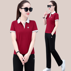 休閒運動套裝女2022夏季新款寬鬆翻領長褲修身顯瘦洋氣短袖兩件套