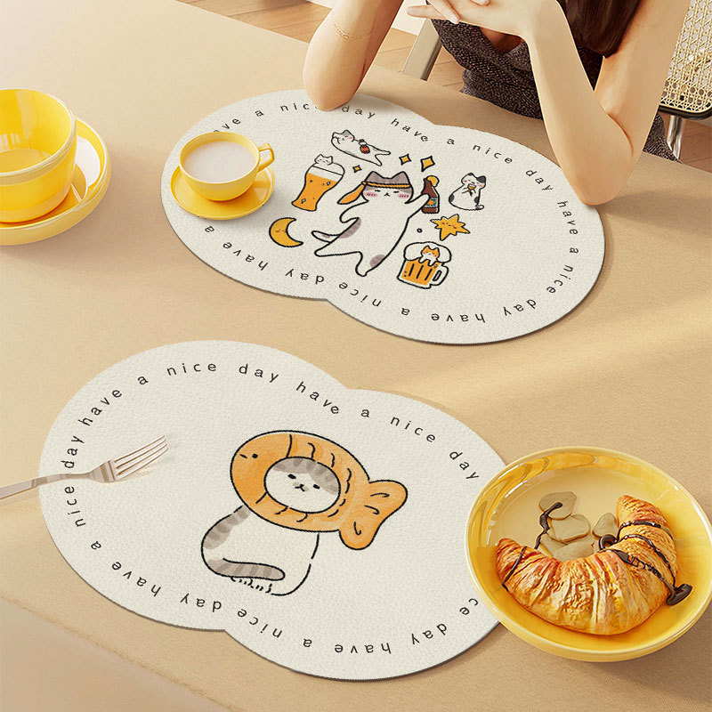 Cartoon style puppy household dishes and plates anti-scalding heat insulation mats, stain-resistant, wipeable, washable placemats, waterproof and oil-proof leather table mats