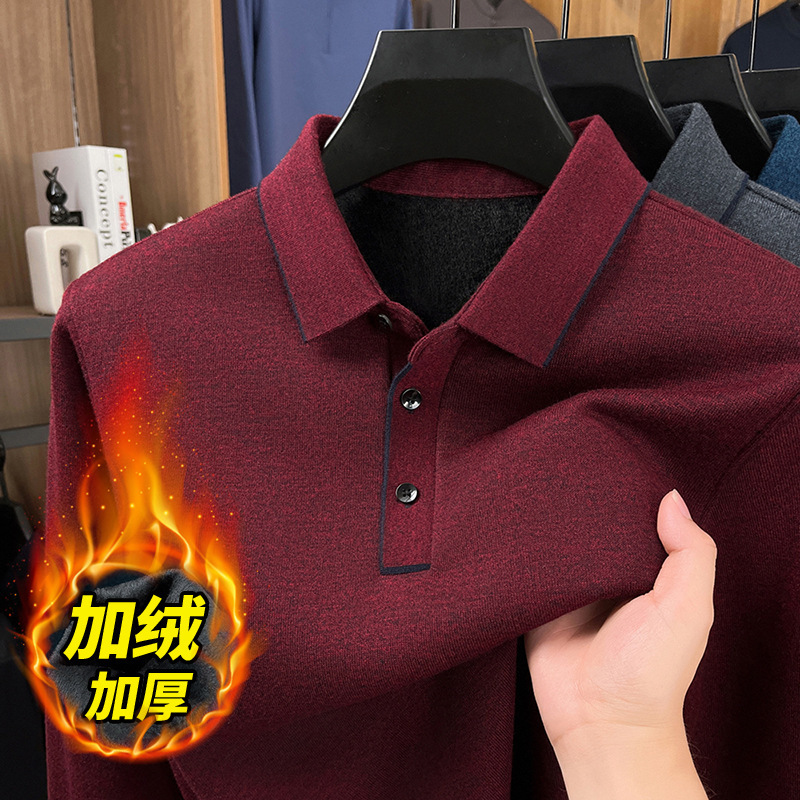Winter Middle-Aged Dad Polo Shirt Sweater Men's Velvet Thickeneded Knitted Bottoming Shirt Lapel T-Shirt Top Wool Sweater