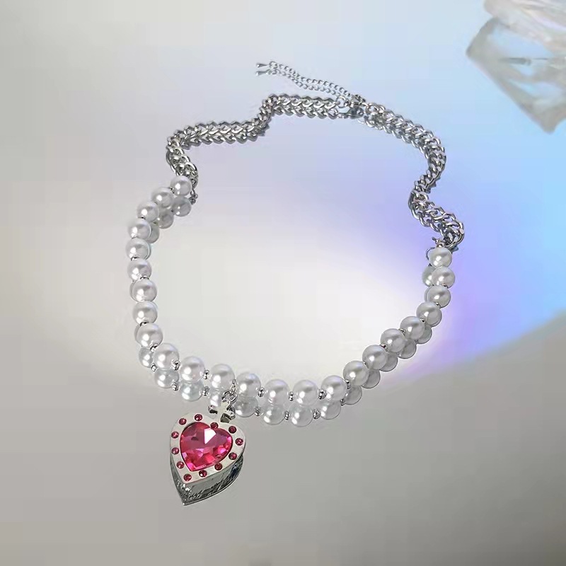 cute pearl chain pink diamond heart pendant titanium steel necklace wholesalepicture4