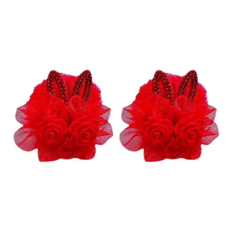 Año Nuevo accesorios para el cabello para niños pelucas rojas flores anillo de cabello orejas de conejo rosas perlas cuerda de cabeza para niñas bebés de vacaciones