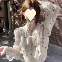 2025新款法式設計感荷葉邊波點襯衫女春季設計感綁帶寬松別致上衣