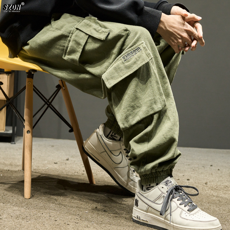 Men's Cargo Pants American Style Trendy Loose Casual Multi-Pocket Army Green Jogger Pants Autumn Trendy Retro Paratrooper Pants