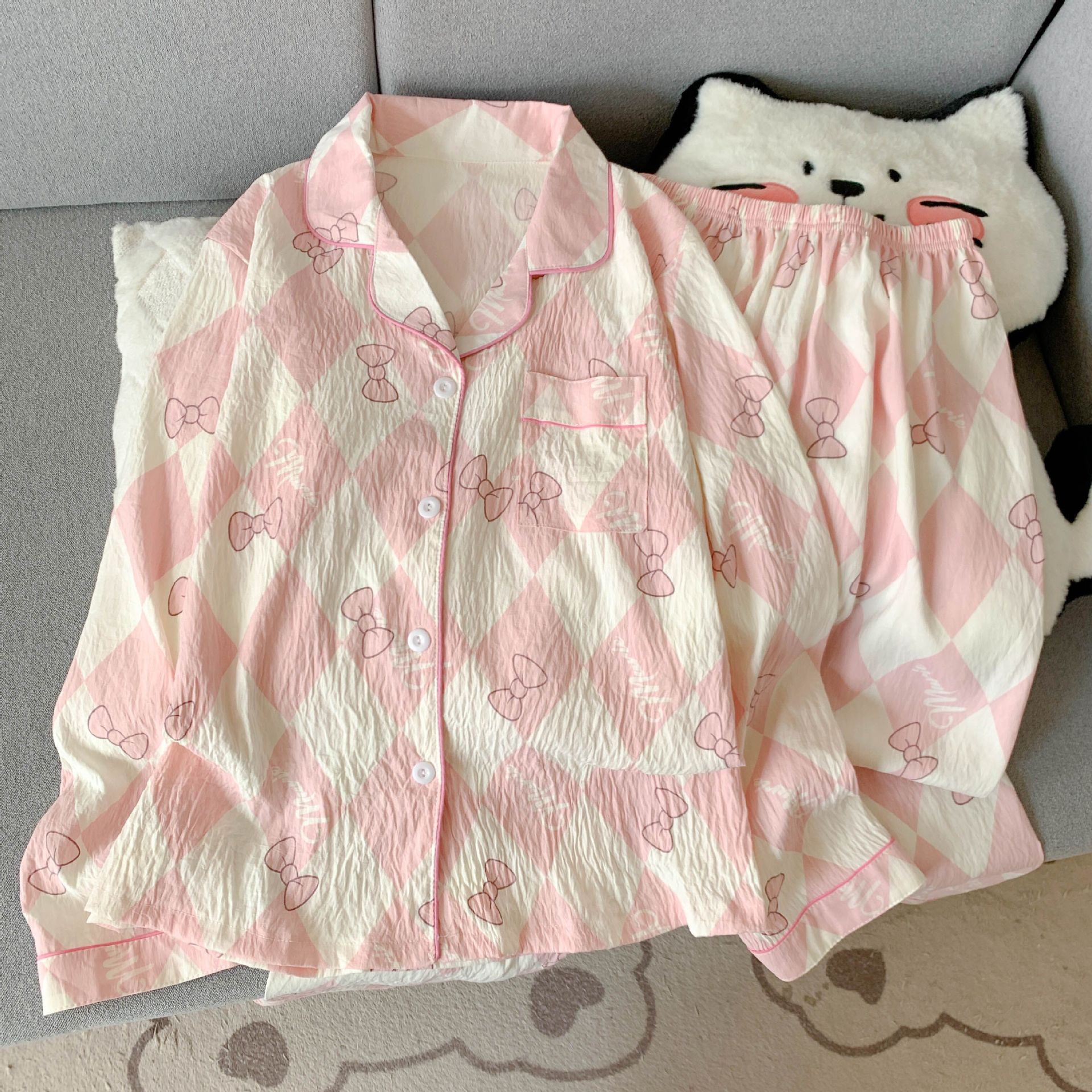 Al por mayor transfronterizo primavera y otoño 2026 nuevo pijama de mujer dibujos animados nubes dulces cardigan de algodón mangas largas pantalones largos cubierta de ropa para el hogar image 6
