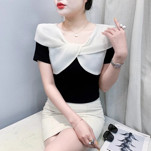 【40 Pieces Cozy Cotton Ribbed 1x1 T-shirt for Women Short Sleeve 2025 Summer Design-Filled Tie-Up Top Trendy】