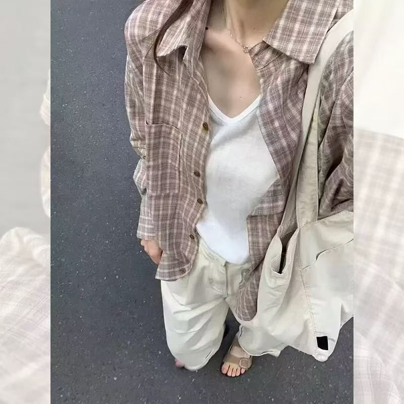 Korean-Style Retro Plaid Shirt for Women, Layered Oversize Loose Fit, Lazy Style, Sun Protection Outerwear, Long-Sleeve Cardigan Korean-Style Retro Plaid Shirt for Women, Layered Oversize Loose Fit, Lazy Style, Sun Protection Outerwear, Long-Sleeve Cardigan