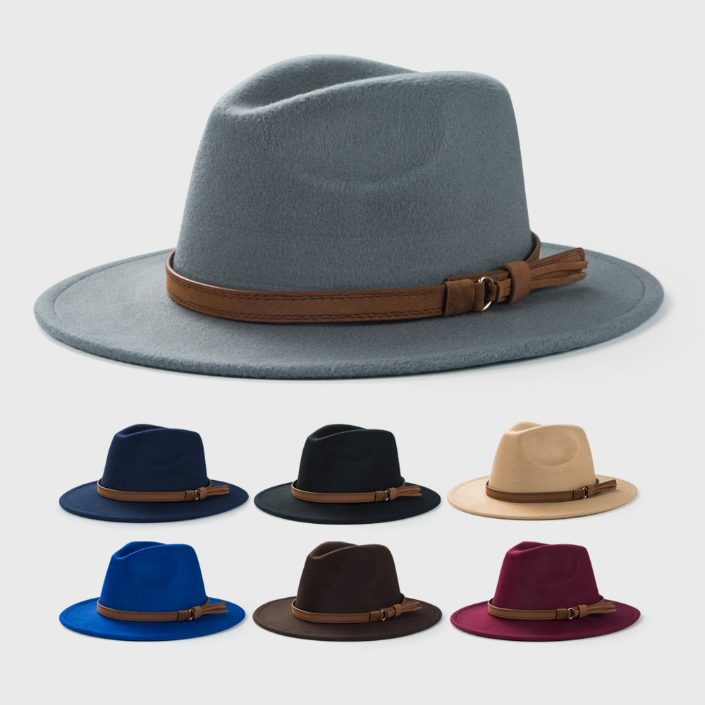 371g Weight Anniversary, Business, Wedding, Outdoor, Travel, Beach, Birthday, Festival, Shopping Occasion Unisex Gender Korean Style Style Royal Blue, Dark Blue, Grey, Wine Red, Camel, Black Color Retro Woolen Hat Korean  Belt Accessories Top Hat Simple Big Brim Jazz Hat 无