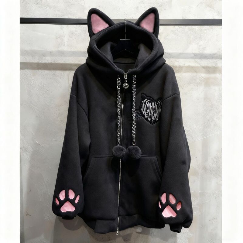 Fleece-Lined and Thickened Subculture Anime-Style Cute Cat Ear Hooded Cat Paw Long-Sleeve Jacket, Moe Black Cat Punk Rock