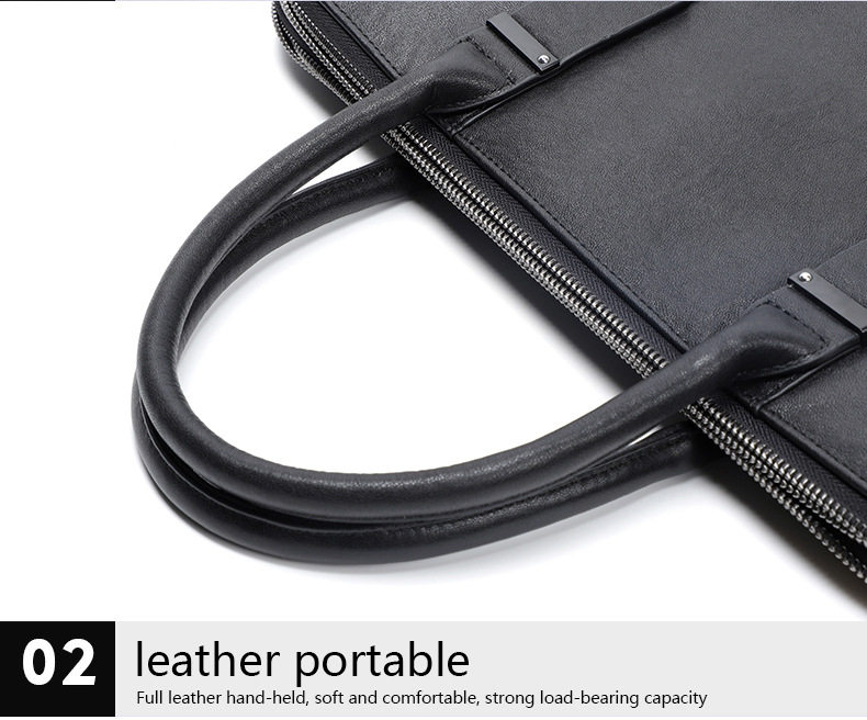 Túi xách tay nam công sở da bò thật hai ngăn khóa kéo, cặp mỏng đeo chéo một vai 39×7×29 cm — Màu đen chi tiết 17