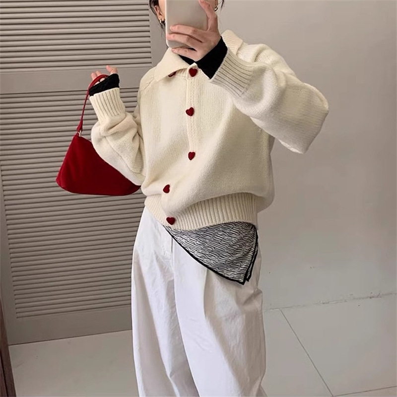 温柔风纯色爱心扣翻领毛衣外套女秋冬宽松显瘦高领针织开衫上衣女|undefined