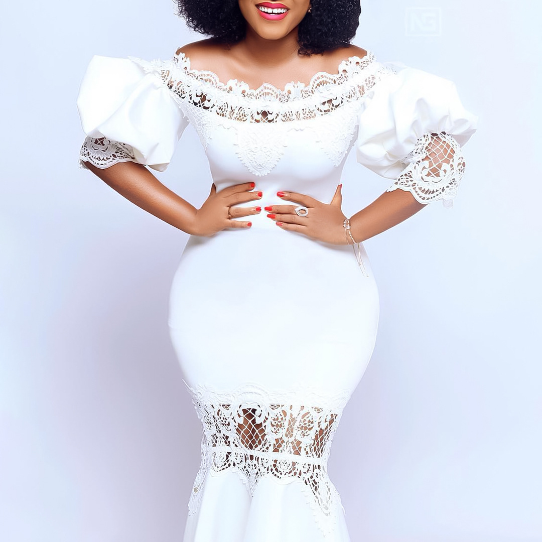 Independent Station Women's One-Line Collar Puff Sleeve Lace Splicing Banquet Fishtail Dress Long Skirt Cross-Border Foreign Trade Dress