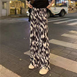 大码女装扎染豹纹百褶裤子女ins新款休闲裤宽松显瘦高腰垂感阔腿