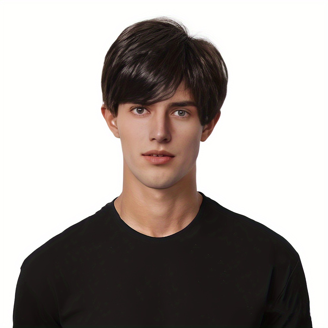 Korte, steile herenpruik, volledige hoofdbedekking, pluizig zwart synthetisch haar, zijscheiding, nieuw in voorraad_voghion.com