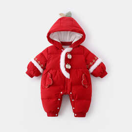 婴儿新年服拜年服90白鸭绒羽绒衣连体衣男女宝宝加绒加厚外出羽绒