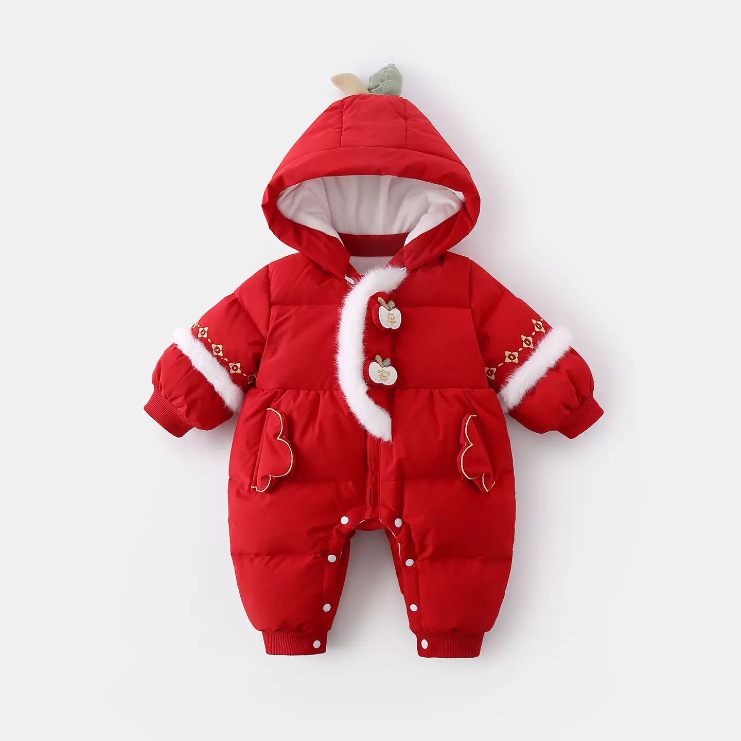 婴儿新年服拜年服90白鸭绒羽绒衣连体衣男女宝宝加绒加厚外出羽绒
