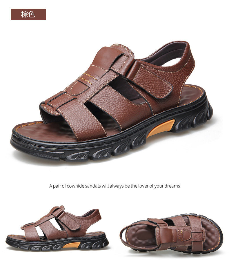 Dép sandal nam da bò hở ngón đi biển chống trượt — nâu, đen chi tiết 21