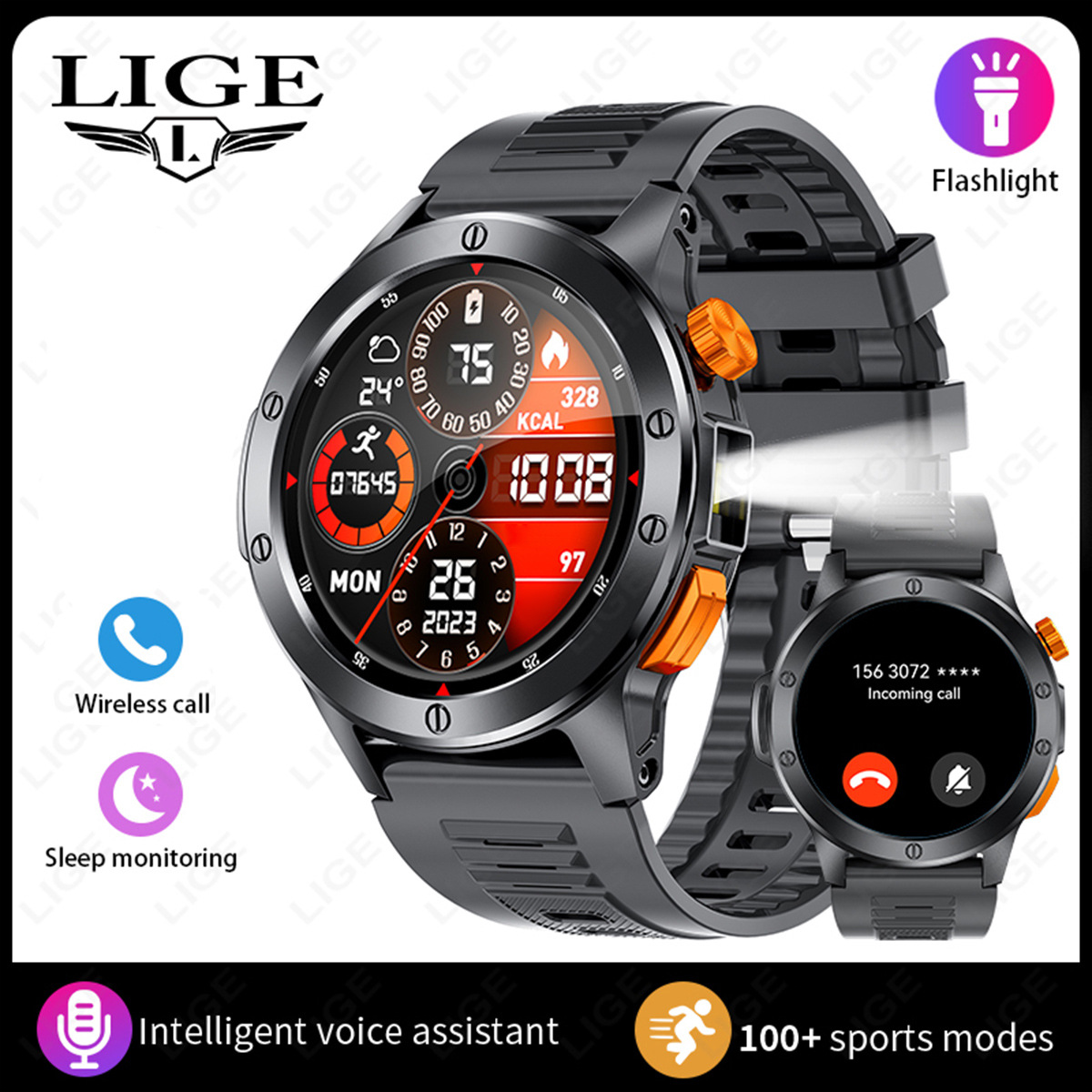 Smartwatch mit Bluetooth-Anruffunktion, Sport- und Gesundheitsüberwachung, Herzfrequenzmesser, LED-Taschenlampe und Armband_voghion.com