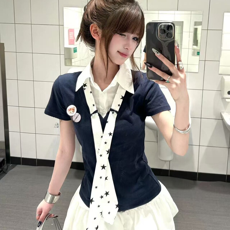 Zy525 Korean-Style College Style Fake Two-Piece Tie Short-Sleeved T-Shirt for Women in Summer with Niche Design and Slim Fit Top Zy525 Korean-Style College Style Fake Two-Piece Tie Short-Sleeved T-Shirt for Women in Summer with Niche Design and Slim Fit Top