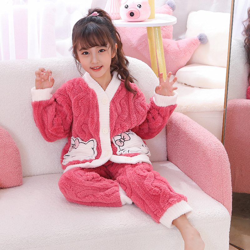 Otoño y invierno niños pijamas de franela niñas más terciopelo grueso coral terciopelo dibujos animados lindos set de ropa cálida para el hogar