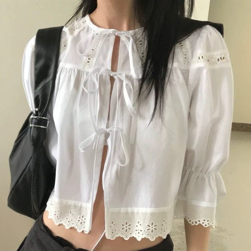 Now We Have Lace-Trimmed Shirts with Ties, Korean Designer Women's Clothing, Stylish Layering, Versatile Korean-Style Tops Now We Have Lace-Trimmed Shirts with Ties, Korean Designer Women's Clothing, Stylish Layering, Versatile Korean-Style Tops
