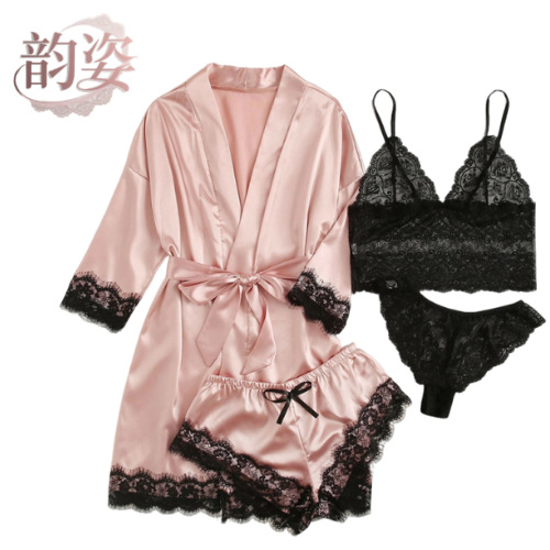 크로스보더 섹시 레이스 란제리 여성용 가을 겨울 실크 잠옷 에로틱 잠옷 세트 순수한 욕망 홈웨어 도매