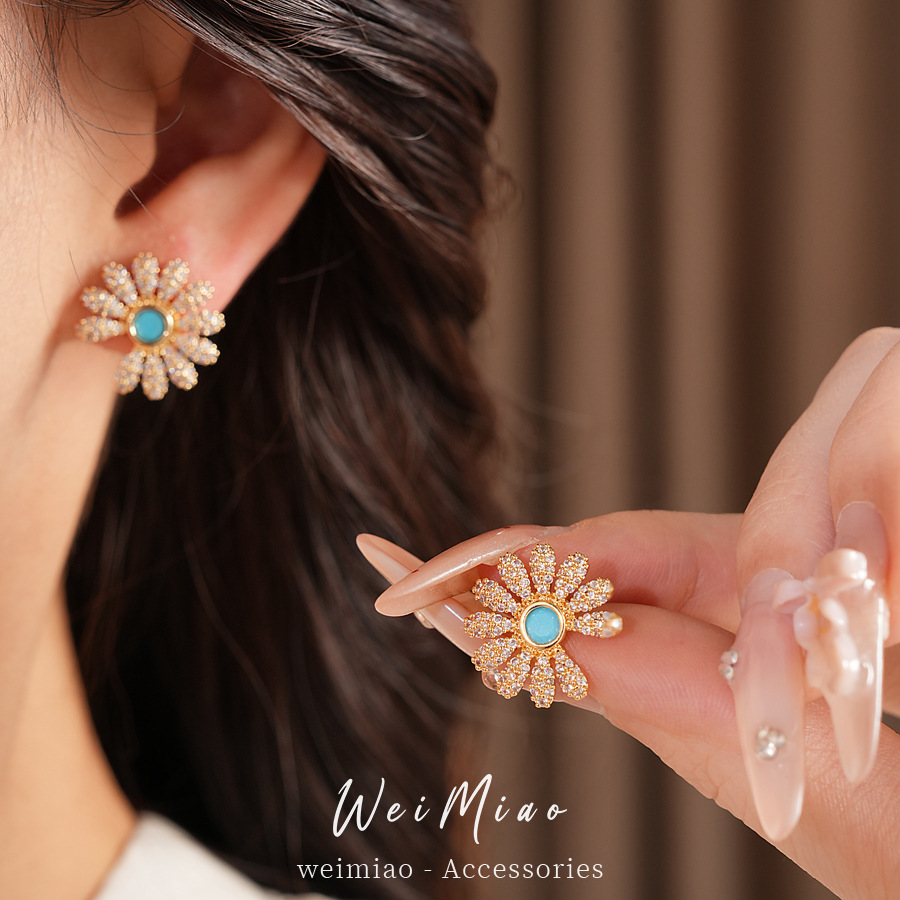 18 quilates de oro real chapado agujas de plata zircon flores pernos pastílicos aretes dulces ligeros de lujo alta sensación aretes