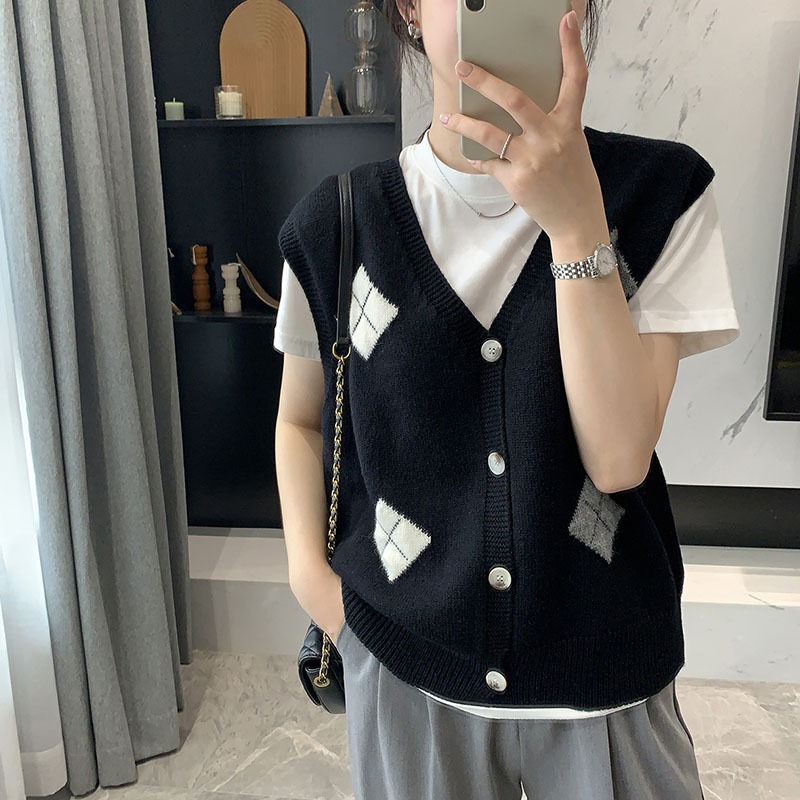 菱型提花毛衣马甲女 新款宽松休闲针织开衫v领叠穿无袖厚外搭坎肩