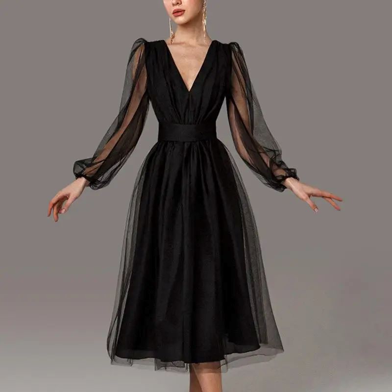 European and American foreign trade Amazon AliExpress wish French evening dress V-neck bubble long sleeve mesh simple short dress