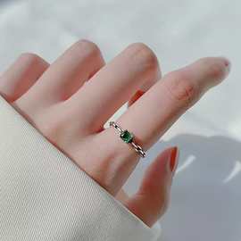 925纯银小方糖戒指女小众设计时尚绿色复古可调节方块食指戒指环