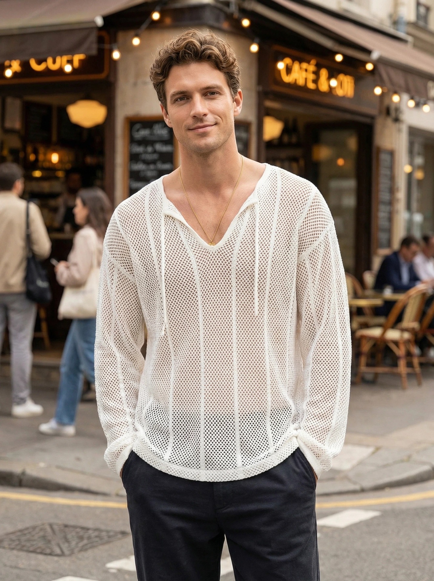 Herren Grobstrick Pullover Mit V-ausschnitt Langarm Strandhemd_voghion.com