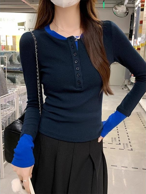 春秋冬季撞色假两件独特别致内搭打底衫女设计感减龄辣妹长袖上衣|undefined