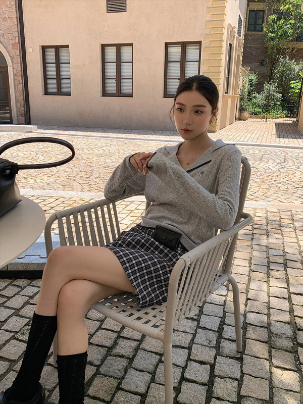 衣尔衫 Miu系 羊毛坑纹西装领刺绣针织衫女撞色气质显瘦正肩0561|undefined