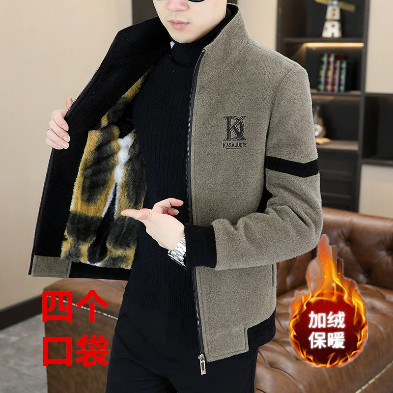 Новая модель зимней мужской куртки с жаккардовым узором, воротником-стойкой, подкладкой из золотистого норкового вельвета, на молнии, утепленная.